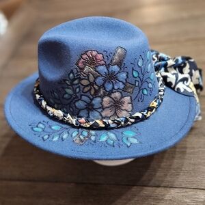 Blue Cross And Forals Handburned And Colored Hat